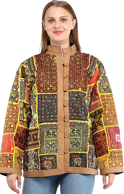 Aurora Leather Jacket from Kutch with Hand-Embroidered Multicolor Patchwork and Mirrors