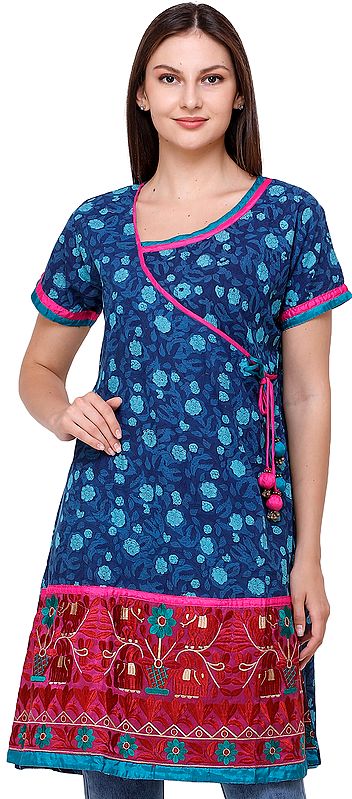 Design Blue Printed Kurti with Floral Embroidery on Bottom