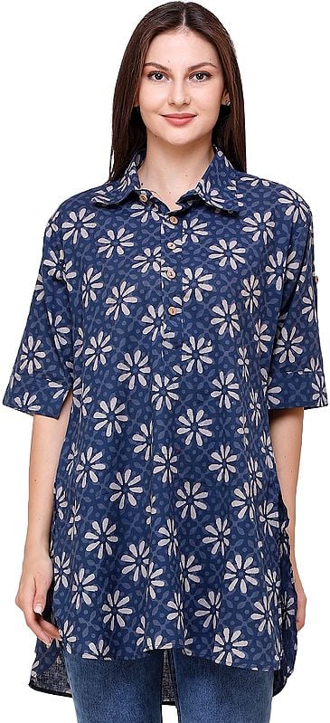 Insignia-Blue Summer Tunic Pilkhuwa Shirt with Bagdoo Print