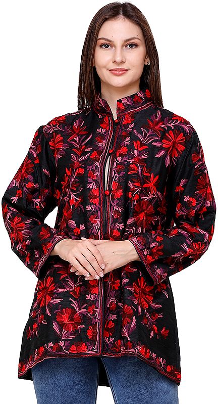 Pirate-Black Kashmiri Jacket with Aari-Embroidered Flowers in Red