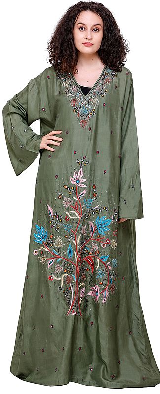 Vineyard-Green Long Gown from Kashmir with Floral Embroidery and Embellished Sequins & Stones