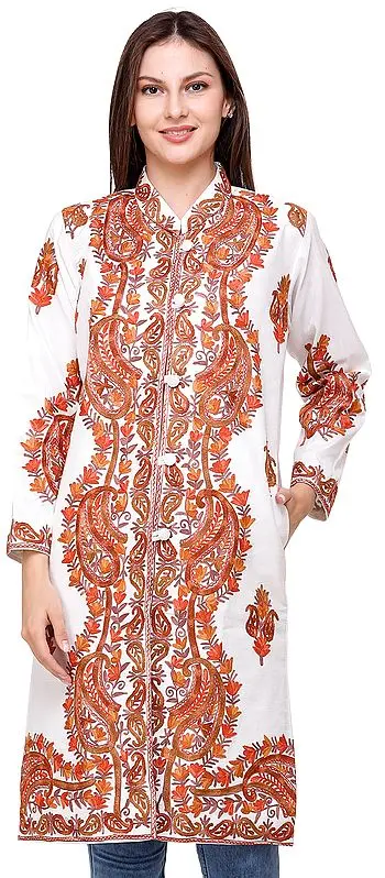 Bright-White Long Jacket from Amritsar with Aari-Embroidered Paisleys