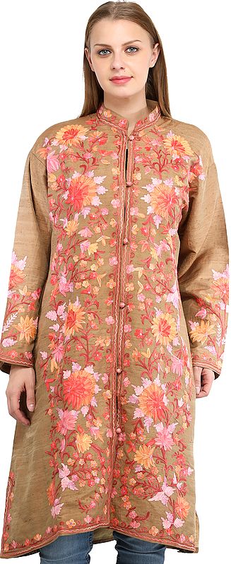 Antelope Long Jacket from Kashmir with Hand-Embroidered Flowers