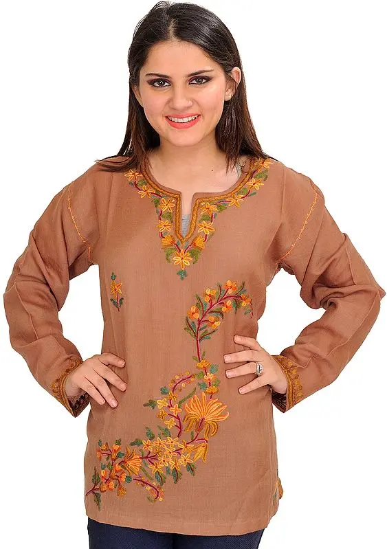 Ginger-Snap Top from Kashmir  with Aari Hand-Embroidered Flowers