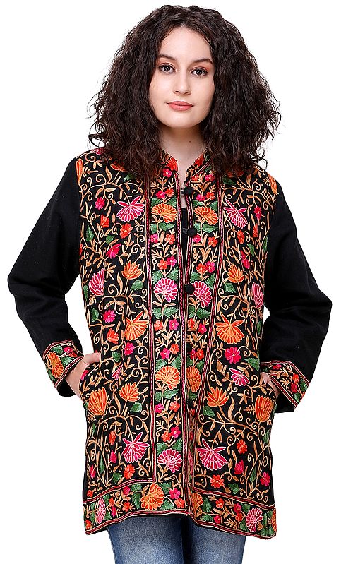 Caviar-Black Jacket from Amritsar with Aari Embroidered Flowers in Multicolor Thread