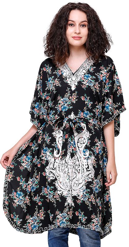 Jet-Black Short Floral Printed Kaftan from Kashmir with Aari-Embroidery and Dori at Waist