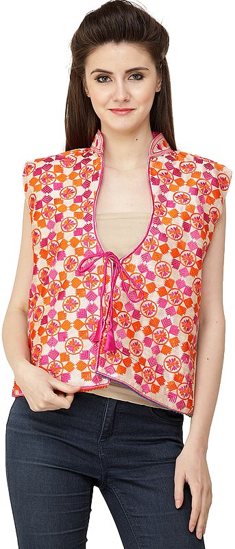 Very-Berry Phulkari Short Waistcoat from Punjab with Floral Embroidery