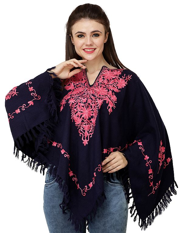 Mood-Indigo Poncho from Kashmir with Aari Hand-Embroidered Flowers