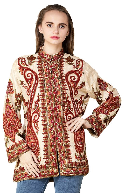Frosted-Almond Short Jacket from Srinagar with Aari Hand-Embroidered Flowers and Paisleys