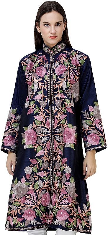 Navy-Blue Long Jacket from Kashmir with Embroidered Multicolor Flowers All-Over