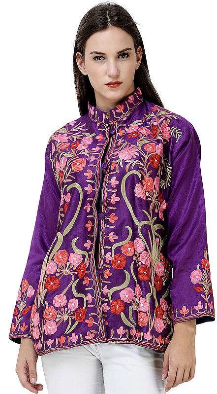 Short Kashmiri Jacket with Aari-Embroidered Multicolor Flowers
