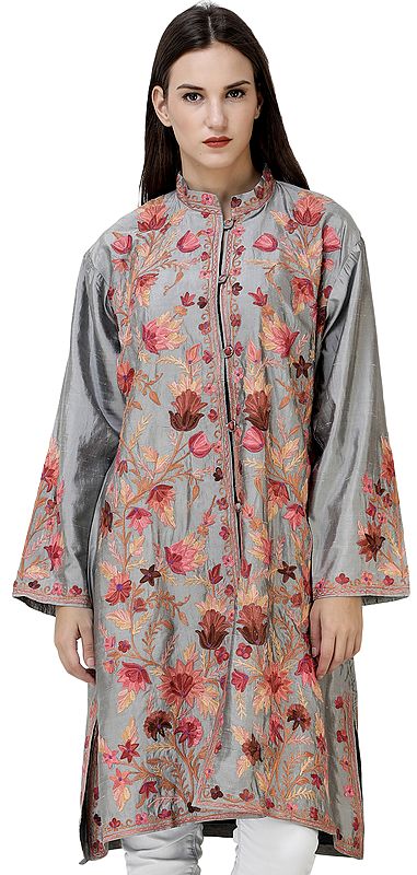 Mint-Gray Kashmiri Long Jacket with Aari-Embroidered Tulips