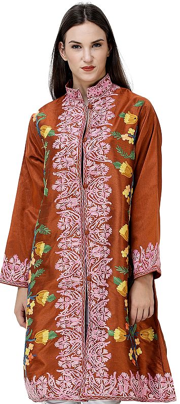 Sierra-Brown Long Kashmiri Jacket with Embroidered Multicolor Flowers