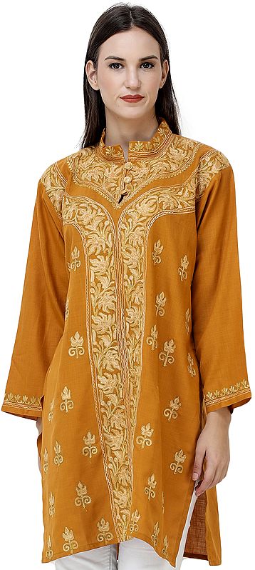 Short Kurti from Kashmir with Embroidered Chinar Leaves in Zari Thread
