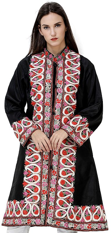 Jet-Black Long Kashmiri Jacket with Embroidered Multicolor Flowers and Paisleys