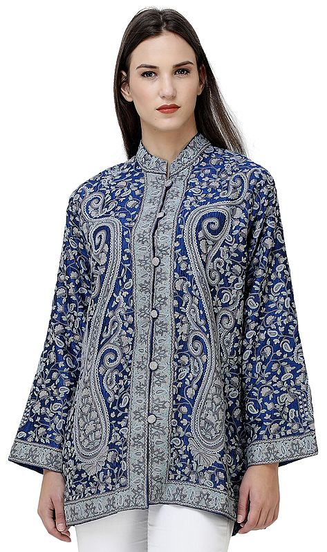 Imperial-Blue Short Kashmiri Jacket with Hand-Embroidered Giant Paisleys