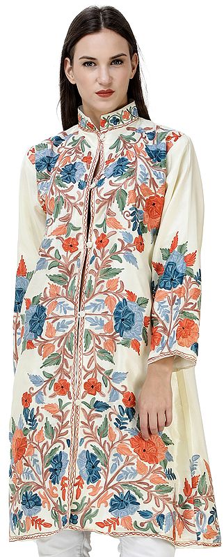 Cream Long Kashmiri Jacket with Embroidered Flowers