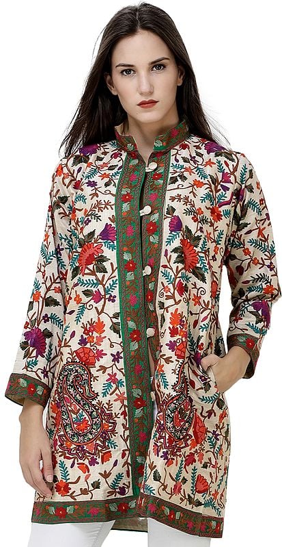 Sand-Dollar Short Kashmiri Jacket with Multicolor Aari Embroidered Flowers