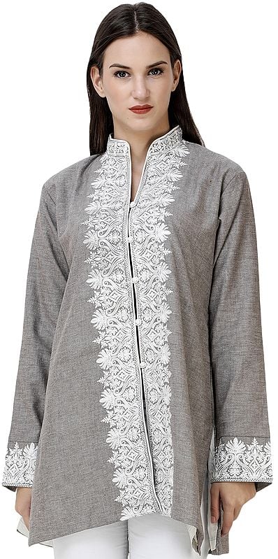 Paloma-Gray Short Kashmiri Jacket with Floral Embroidery