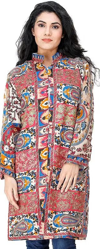 Honeysuckle Long Printed Kani Jacket from Amritsar with Aari Embroidery