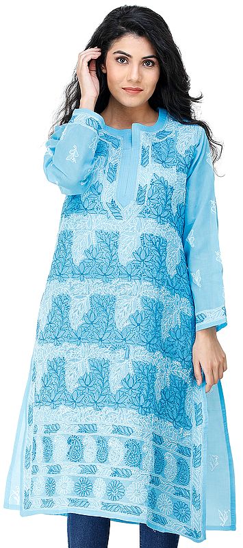 Aquarius-Blue Lukhnavi Chikan Kurti with Embroidered Flowers All-Over