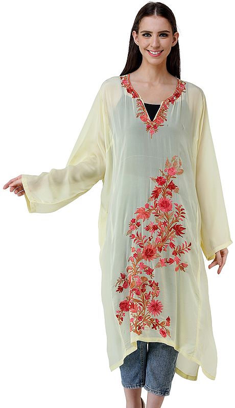 Short Phiran from Kashmir with Embroidered Flowers