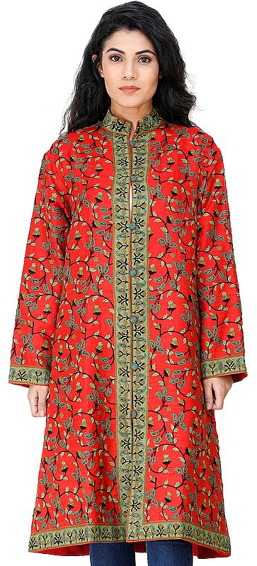 Bittersweet-Red Long Jacket from Kashmir with Embroidered Floral Vines and Paisleys All-Over