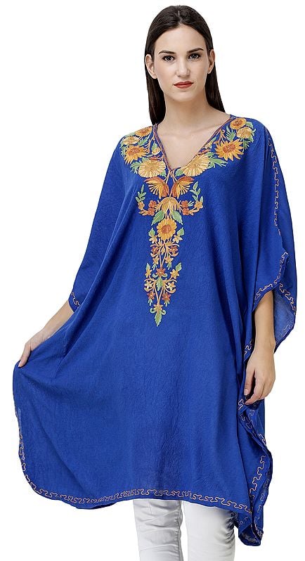 Imperial-Blue Short Kaftan from Kashmir with Embroidered Flowers on Neck
