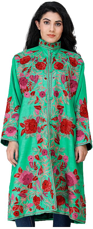Mint-Leaf Green Long Kashmiri Jacket with Embroidered Flowers in Multicolor Thread