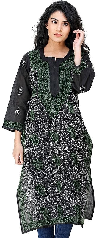 Jet-Black Lukhnavi Chikan Kurti with Embroidered Flowers and Paisleys  All-Over