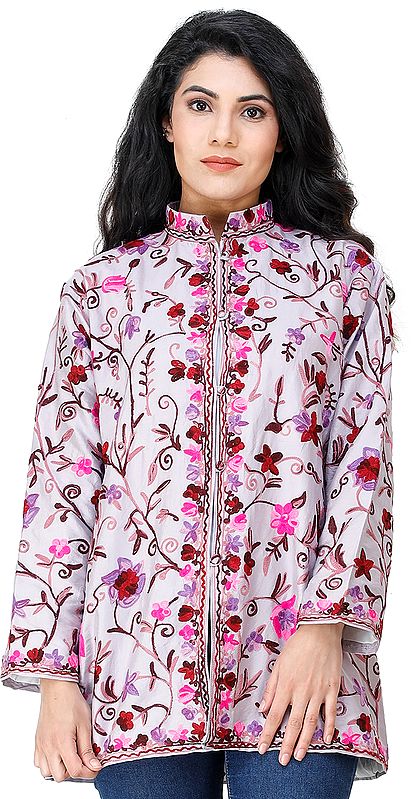 Orchid-Hush Short Jacket from Kashmir with Embroidered Flowers All-Over