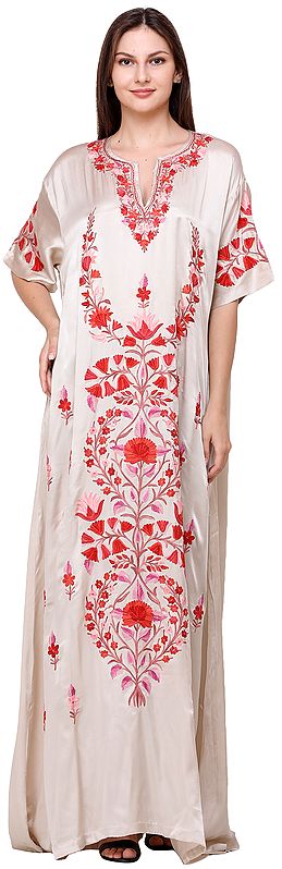 Summer Sand Long Gown from Kashmir with Chain Stitch Embroidery All-over