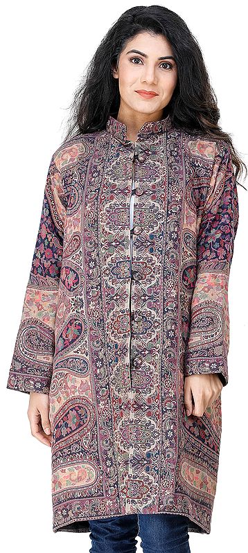 Natural Long Jacket from Amritsar  with Multiocolored Kani Weave All-Over