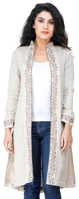 Almond-Milk Long Jacket from Kashmir with Chain Stitch Embroidered Flowers