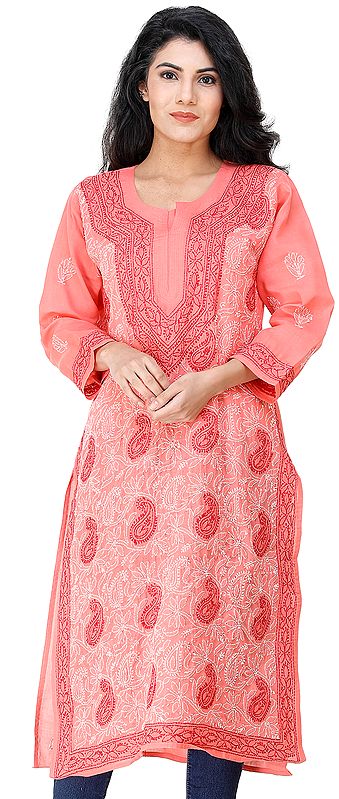 Porcelain-Rose Long Kurta Top / Kameez from Lucknow with Chikan Embroidery