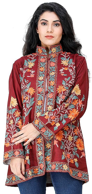 Rumba-Red Short Jacket from Kashmir with Chain Stitch Embroidered Flowers All-Over