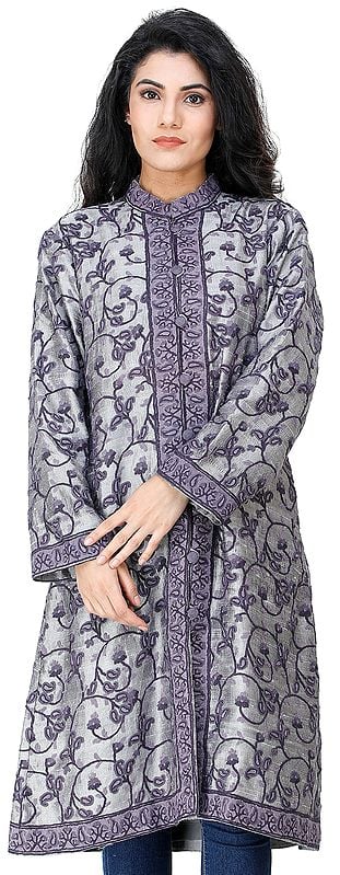 Silver Long Jacket from Kashmir with Hand-Ari Embroidered Flowers All-Over