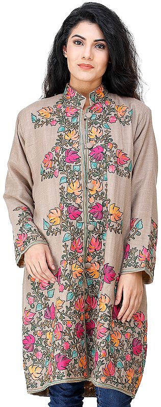 Warm-Taupe  Long Jacket from Kashmir  with Chain stitch Embroidered Multi-colored Chinar Leaves