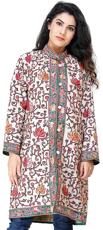 Macadamia Long Jacket from Kashmir with Chain-stitch Embroidered Multi-colored Flowers