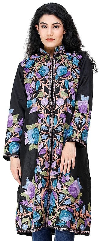 Jet-Black Long Jacket from Kashmir with Chain Stitch Embroidered Multi-colored Flowers