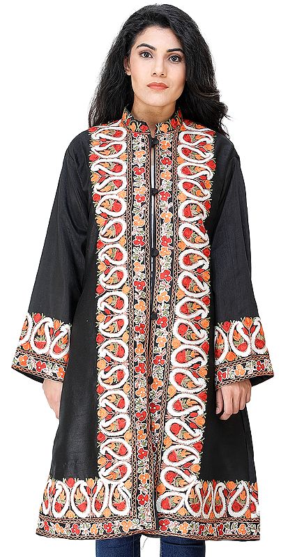 Caviar-Black Long Jacket from Kashmir with Chain Stitch Embroidered Multi-colored Paisleys