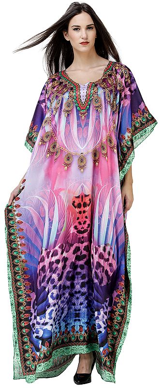 Radiant Orchid Long Printed Kaftan Embellished with Multicolor Crystals