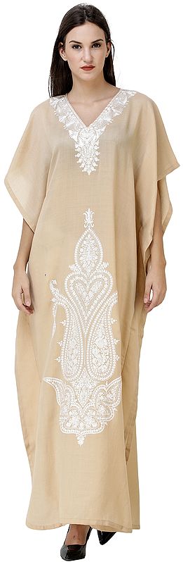 Almond-Buff Kaftan from Kashmir with Aari Embroidered Paisleys