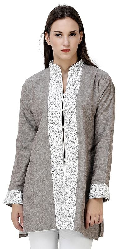 Walnut Short Jacket from Kashmir with Chain Stitch Embroidery