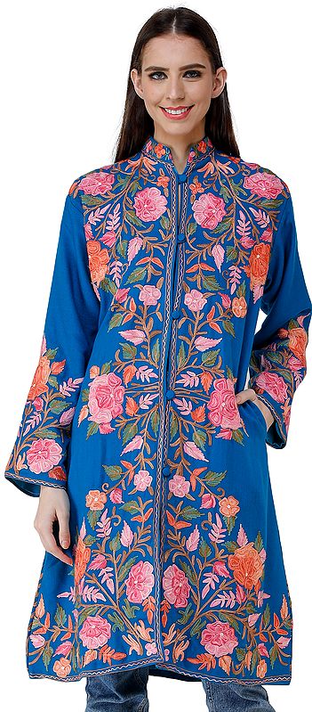 Methyl-Blue Long Jacket from Kashmir with Chain-stitch Embroidered Pastel Flowers