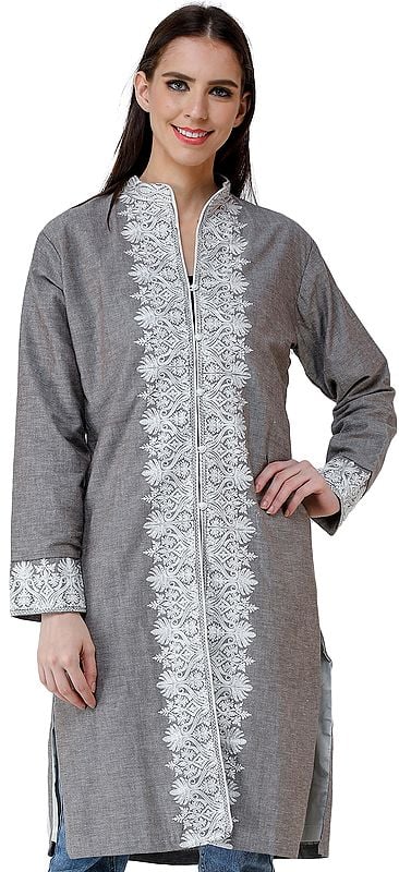 Walnut Long Linen Jacket from Kashmir with Chain Stitch Embroidery