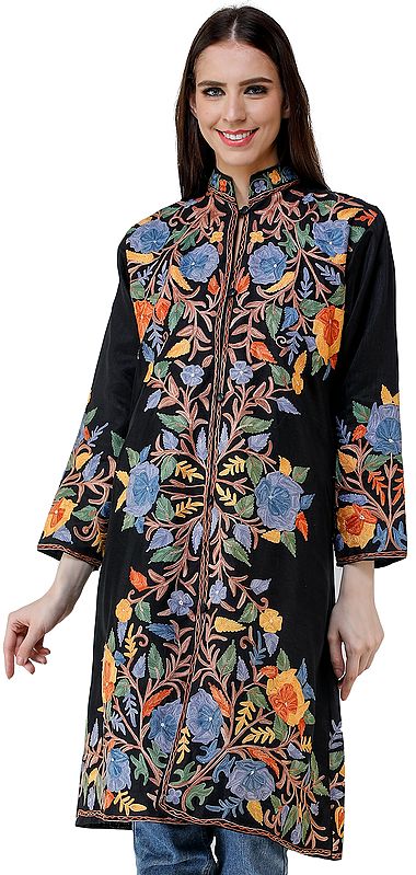 Bristol-Black Long Silk Jacket from Kashmir with Chain-stitch Embroidered Pastel Flowers