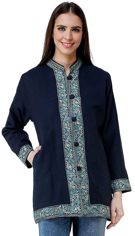 Pageant-Blue Woolen Jacket from Kashmir with Chain-stitch Embroidery