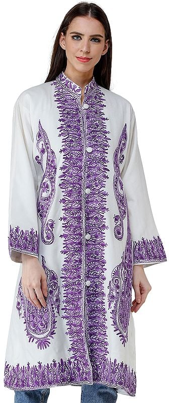 Snow-White Long Jacket from Kashmir with Purple Chain stitch Embroidered Flowers