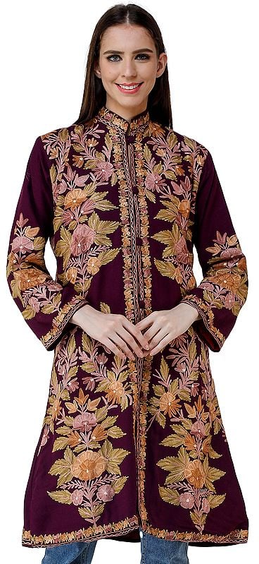 Grape-Wine Long Jacket from Kashmir with Chain stitch Embroidered Flowers